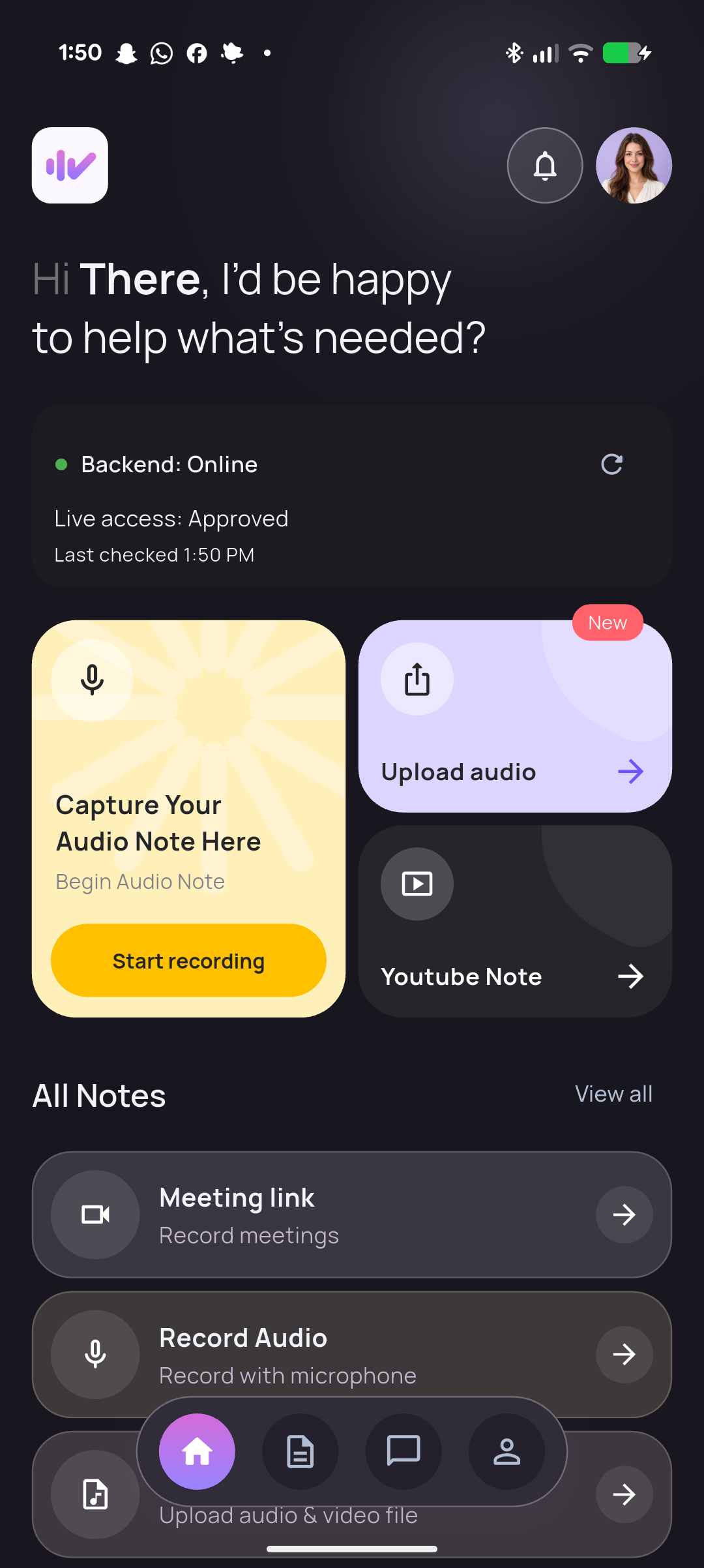Current Android Home screen with separate backend and approved-access indicators
